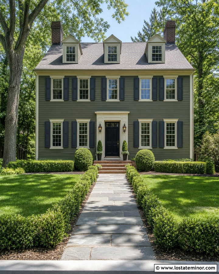 Moss Green Colonial With Aged Brass Lanterns - 30 Moss Green House Design With Light Fixtures Ideas