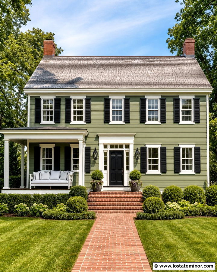 Moss Green Colonial With Black Shutters And Daybed - 30 Moss Green House Design With Daybed Ideas