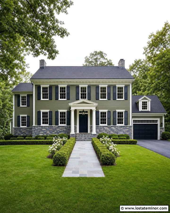Moss Green Colonial With Blue Gray Stone Wainscoting - 30 Moss Green House Design With Wainscoting Ideas