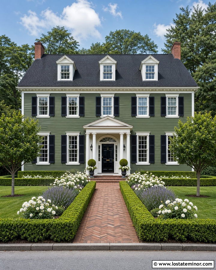 Moss Green Colonial With Boxwood Garden - 30 Moss Green House Design With Front Yard Ideas