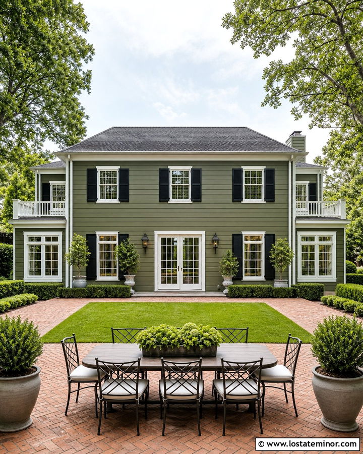 Moss Green Colonial With Brick Courtyard - 30 Moss Green House Design With Backyard Ideas