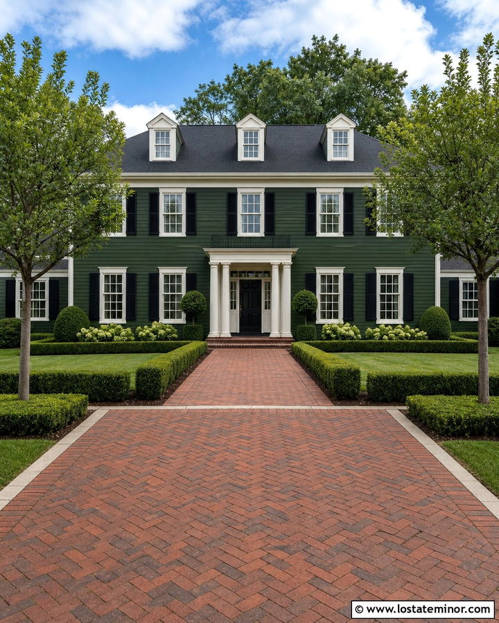 Moss Green Colonial With Brick Driveway - 30 Moss Green House Design With Driveway Ideas