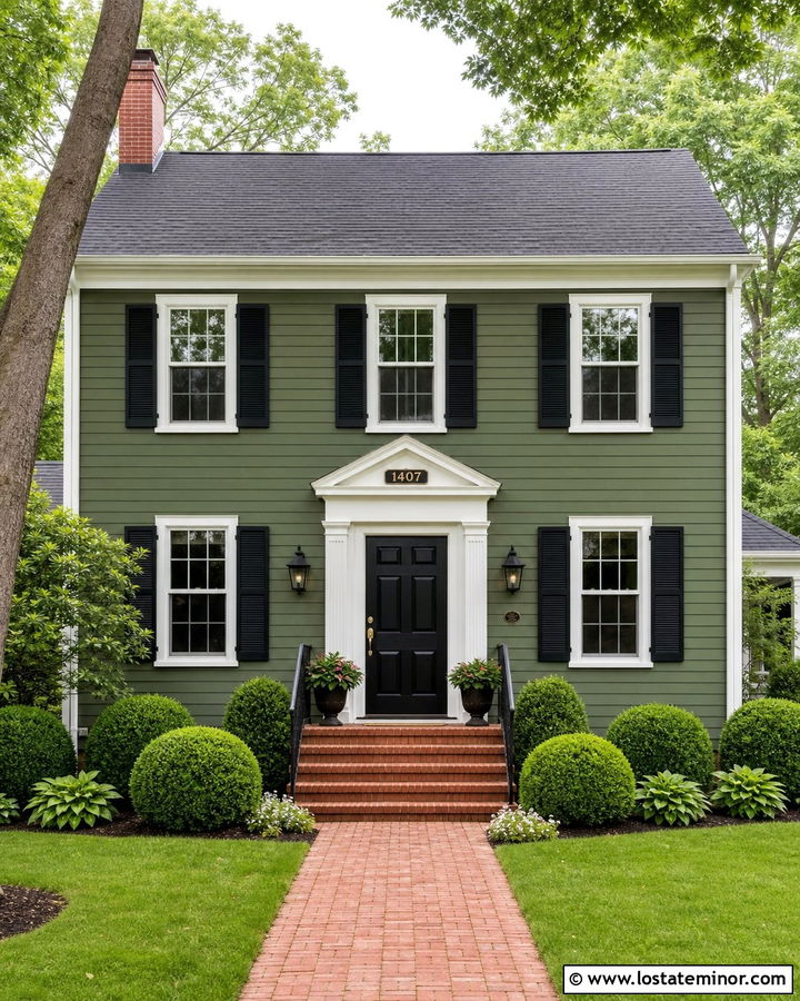 Moss Green Colonial With Bronze Address Plaque - 30 Moss Green House Design With House Numbers Ideas