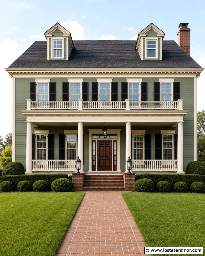 Moss Green Colonial With Cream Round Porch Columns - 30 Moss Green House Design With Porch Columns Ideas