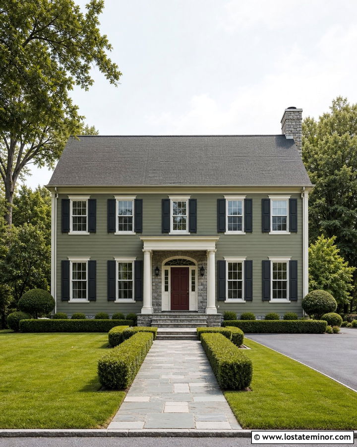 Moss Green Colonial With Gray Stone Accents - 30 Moss Green House Design With Stone Accents Ideas