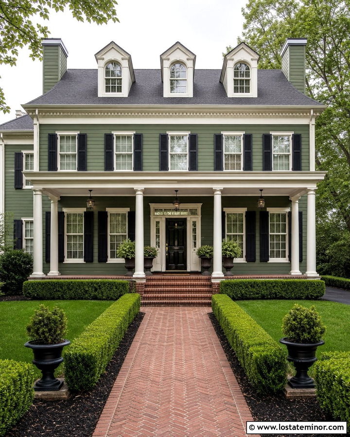 Moss Green Colonial With Pale Gray Porch Ceiling - 30 Moss Green House Design With Porch Ceiling Ideas