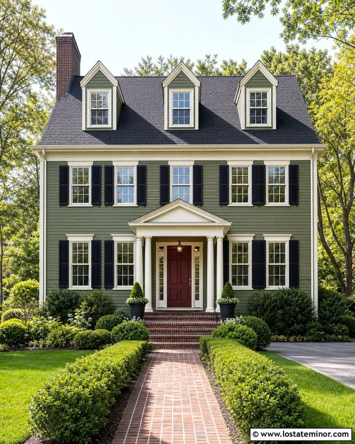 Moss Green Colonial With Symmetrical Dormers - 30 Moss Green House Design With Dormers Ideas