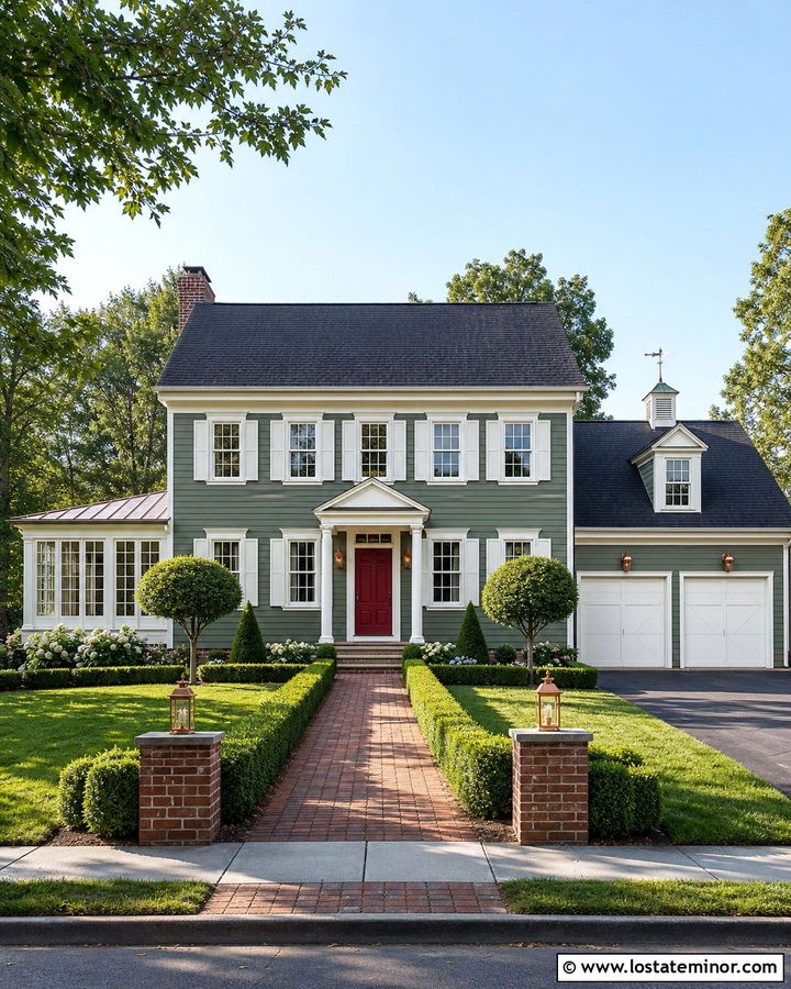 Moss Green Colonial With Symmetrical Sunroom - 30 Moss Green House Design With Sunroom Ideas