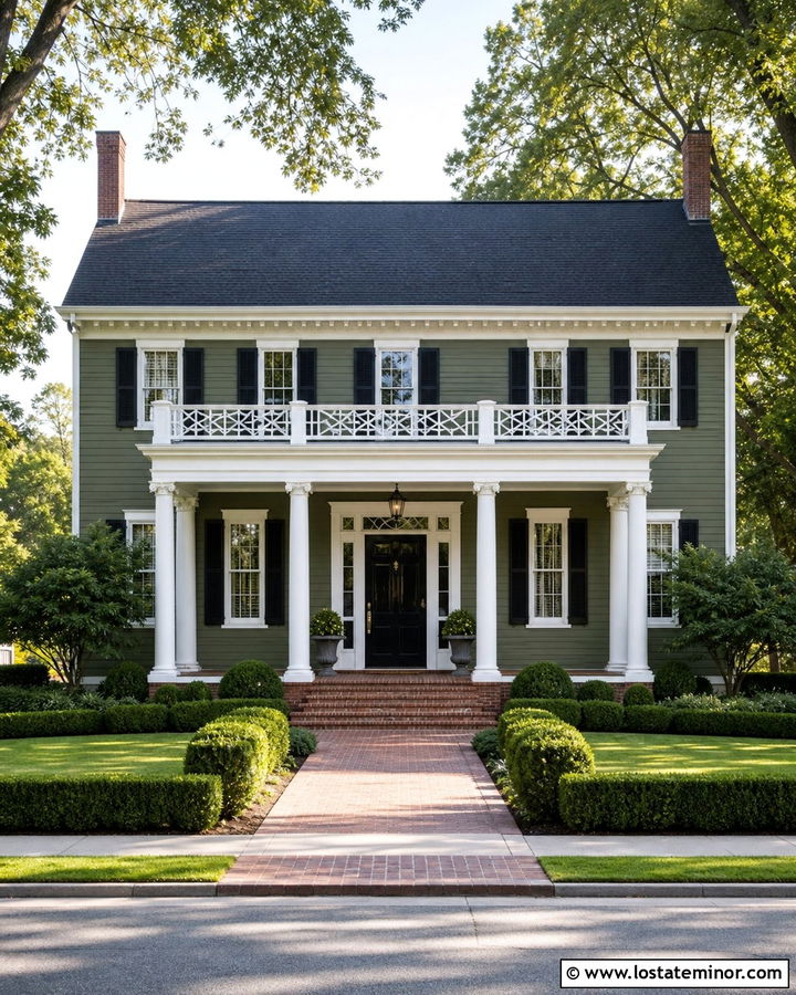 Moss Green Colonial With White Chippendale Railings - 30 Moss Green House Design With Railings Ideas