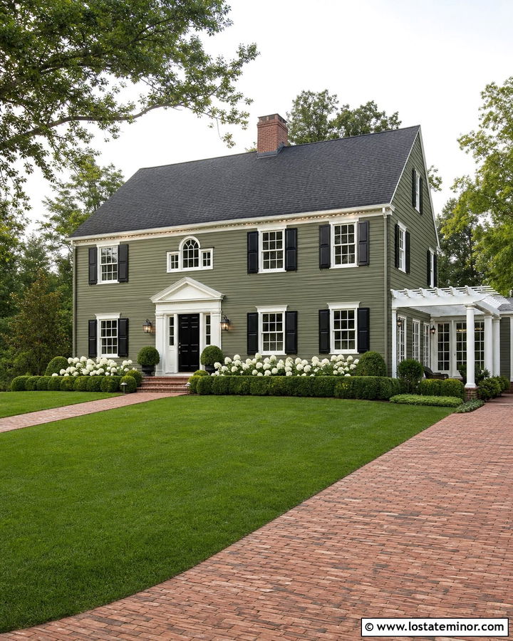 Moss Green Colonial With White Pergola - 30 Moss Green House Design With Pergola Ideas