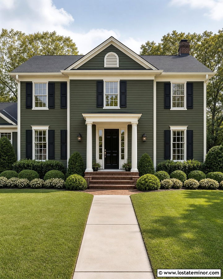 Moss Green Colonial With White Trim - 30 Moss Green House Design With Trim Ideas