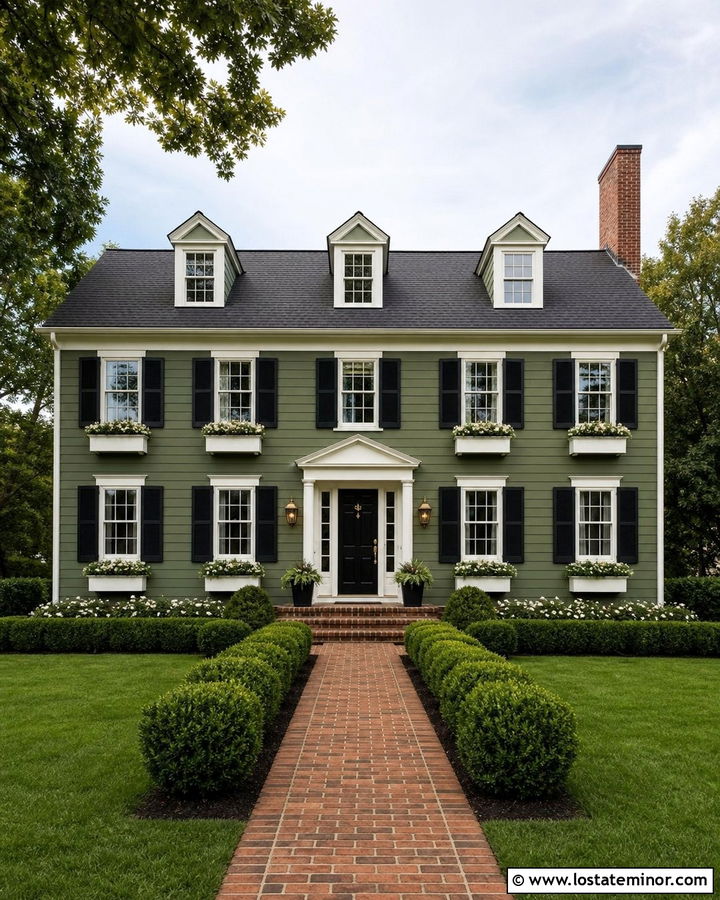 Moss Green Colonial With White Window Boxes - 30 Moss Green House Design With Window Boxes Ideas