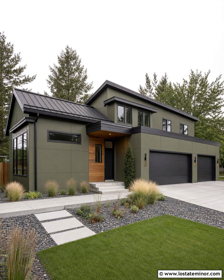 Moss Green Contemporary House With Charcoal Trim - 30 Moss Green House Design With Trim Ideas