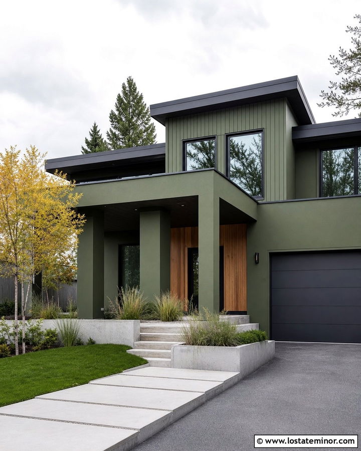 Moss Green Contemporary House With Concrete Porch Columns - 30 Moss Green House Design With Porch Columns Ideas
