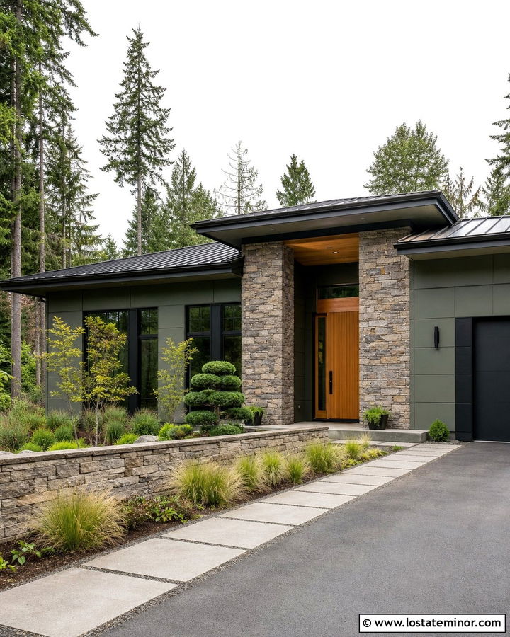 Moss Green Contemporary House With Dry Stack Stone - 30 Moss Green House Design With Stone Accents Ideas