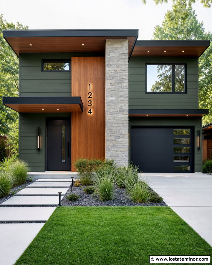 Moss Green Contemporary House With Lit Numbers - 30 Moss Green House Design With House Numbers Ideas