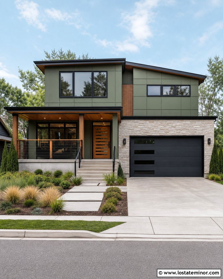 Moss Green Contemporary House With Mixed Railings - 30 Moss Green House Design With Railings Ideas