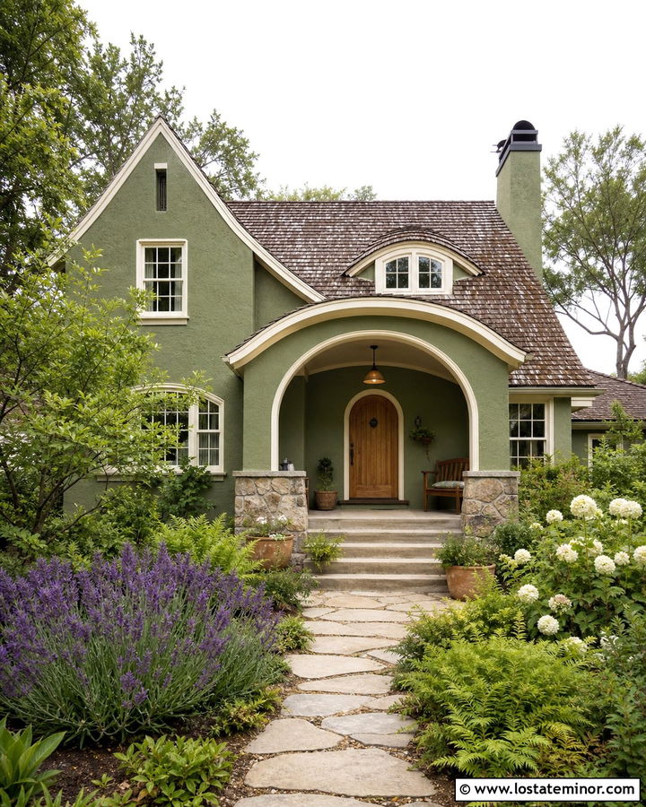 Moss Green Cottage With Arched Front Porch - 30 Moss Green House Design With Front Porch Ideas