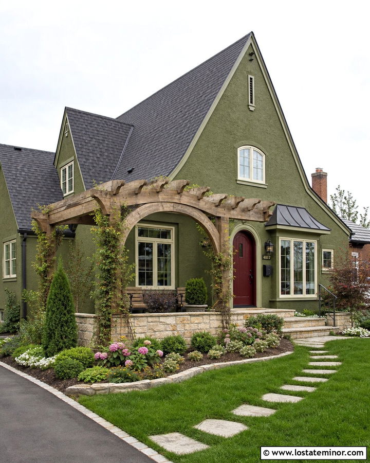 Moss Green Cottage With Arched Pergola - 30 Moss Green House Design With Pergola Ideas