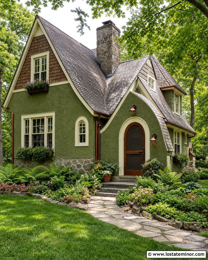 Moss Green Cottage With Arched Screen Door - 30 Moss Green House Design With Screen Door Ideas