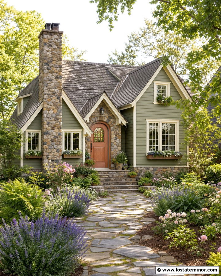 Moss Green Cottage With Cobblestone Accents - 30 Moss Green House Design With Stone Accents Ideas