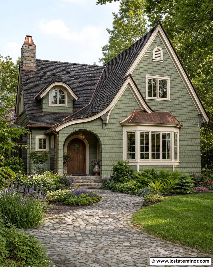 Moss Green Cottage With Cobblestone Driveway - 30 Moss Green House Design With Driveway Ideas