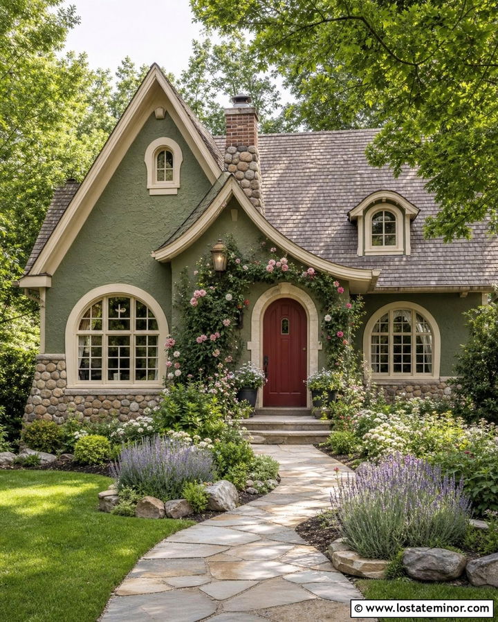 Moss Green Cottage With Cobblestone Wainscoting - 30 Moss Green House Design With Wainscoting Ideas