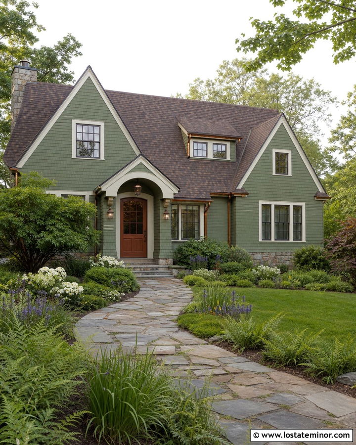 Moss Green Cottage With Copper Wall Lanterns - 30 Moss Green House Design With Light Fixtures Ideas