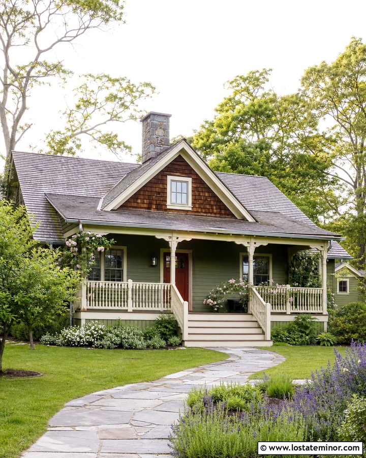 Moss Green Cottage With Cream Picket Railings - 30 Moss Green House Design With Railings Ideas