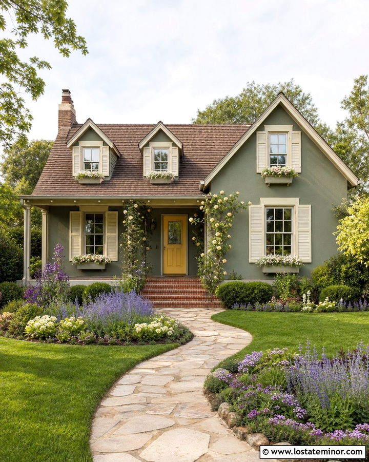 Moss Green Cottage With Cream Shutters - 30 Moss Green House Design With Shutters Ideas