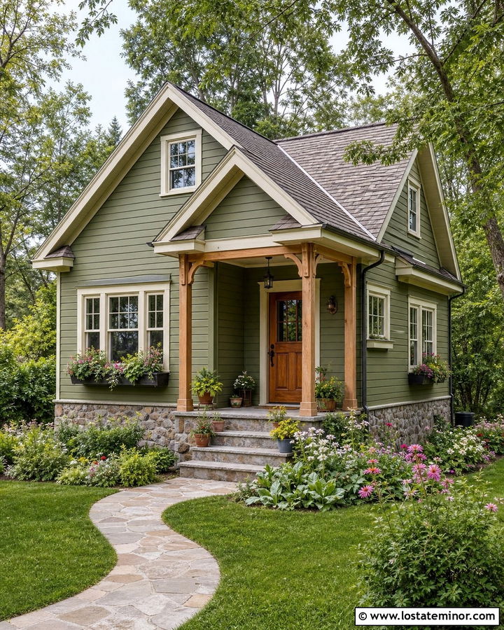 Moss Green Cottage With Natural Wood Porch Posts - 30 Moss Green House Design With Porch Columns Ideas