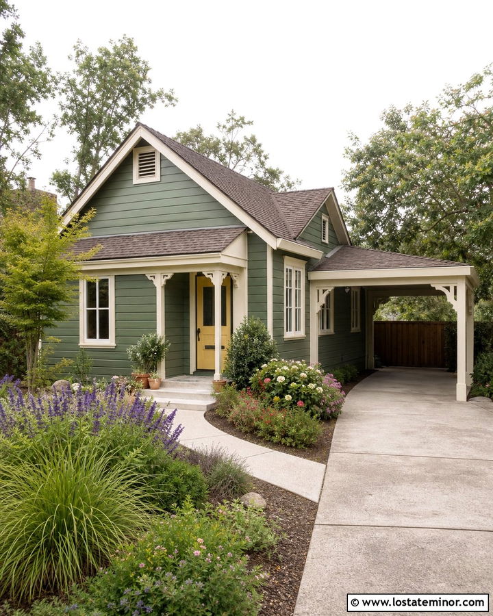 Moss Green Cottage With Side Carport - 30 Moss Green House Design With Carport Ideas