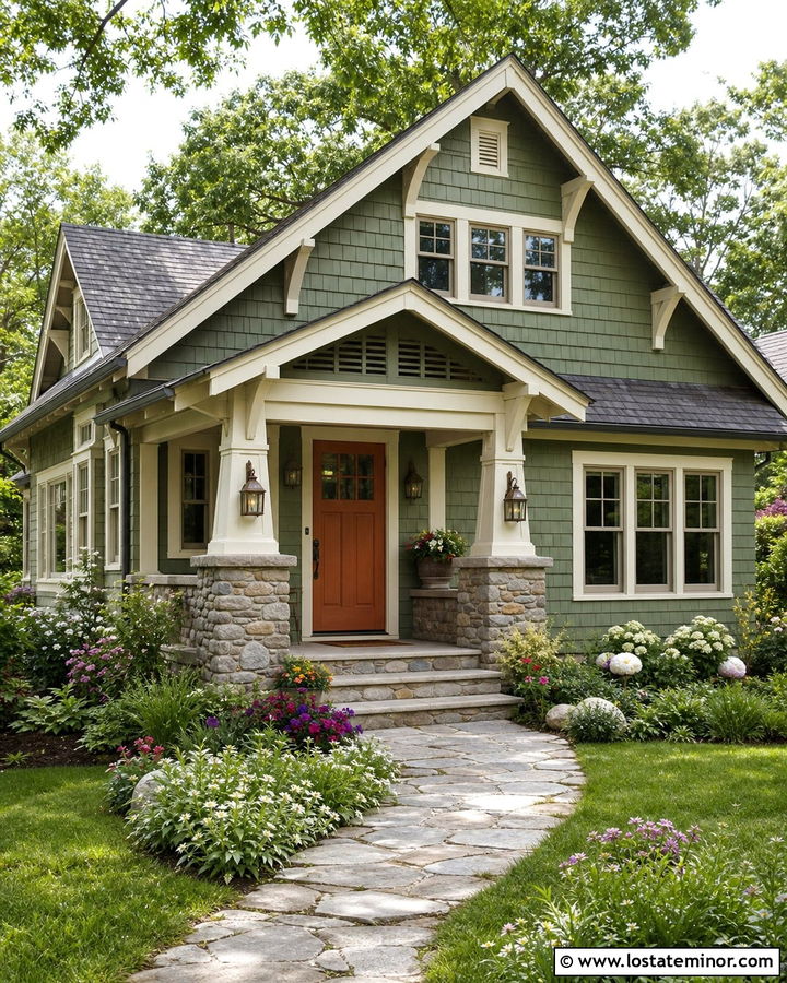 Moss Green Cottage With Stone Porch Piers - 30 Moss Green House Design With Porch Columns Ideas