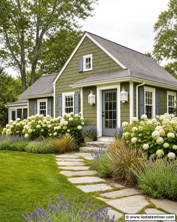 Moss Green Cottage With White Lanterns - 30 Moss Green House Design With Lighting Ideas