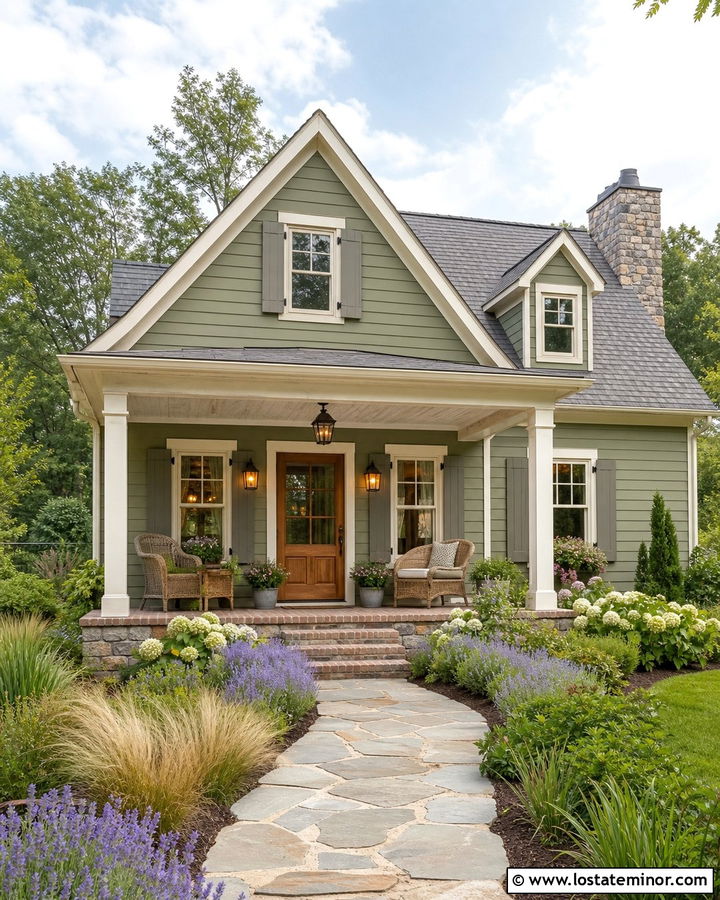 Moss Green Cottage With Whitewashed Wood Porch Ceiling - 30 Moss Green House Design With Porch Ceiling Ideas