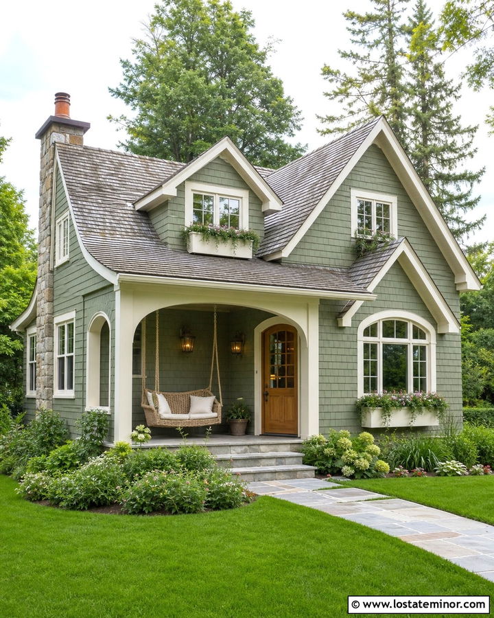 Moss Green Cottage With Wicker Porch Swing - 30 Moss Green House Design With Swing Ideas