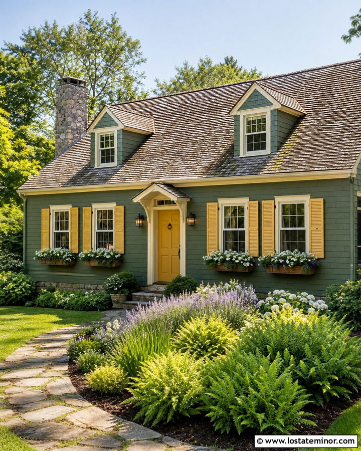 Moss Green Cottage With Yellow Shutters - 30 Moss Green House Design With Shutters Ideas