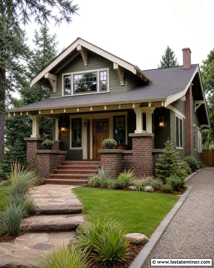 Moss Green Craftsman House With Brick Piers - 30 Moss Green House Design With Brick Accents Ideas