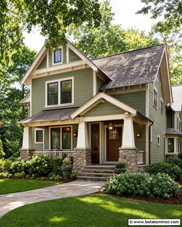 Moss Green Craftsman House With Copper Lanterns - 30 Moss Green House Design With Lighting Ideas
