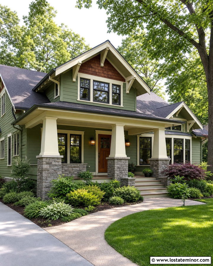 Moss Green Craftsman House With Stone Columns - 30 Moss Green House Design With Accents Ideas