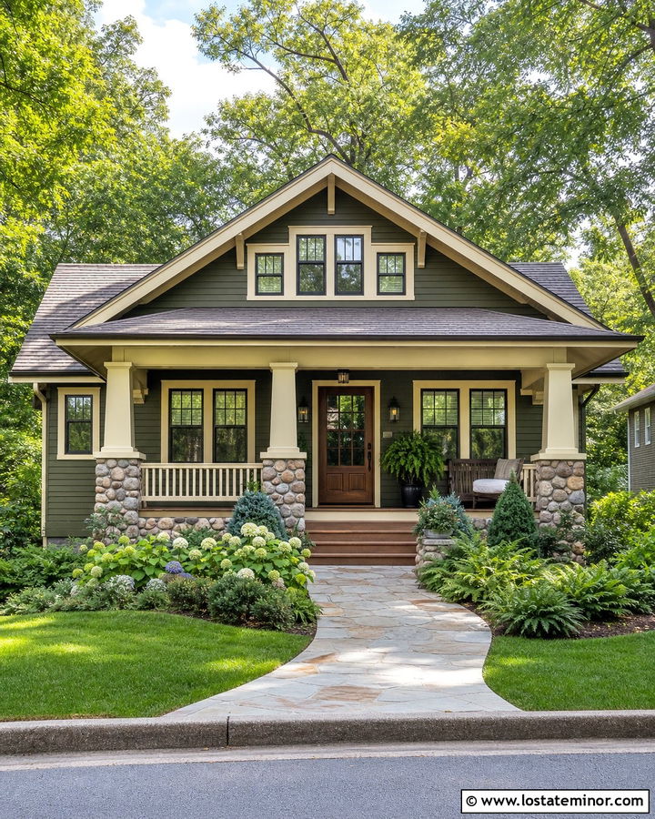 Moss Green Craftsman House With Stone Front Porch - 30 Moss Green House Design With Front Porch Ideas