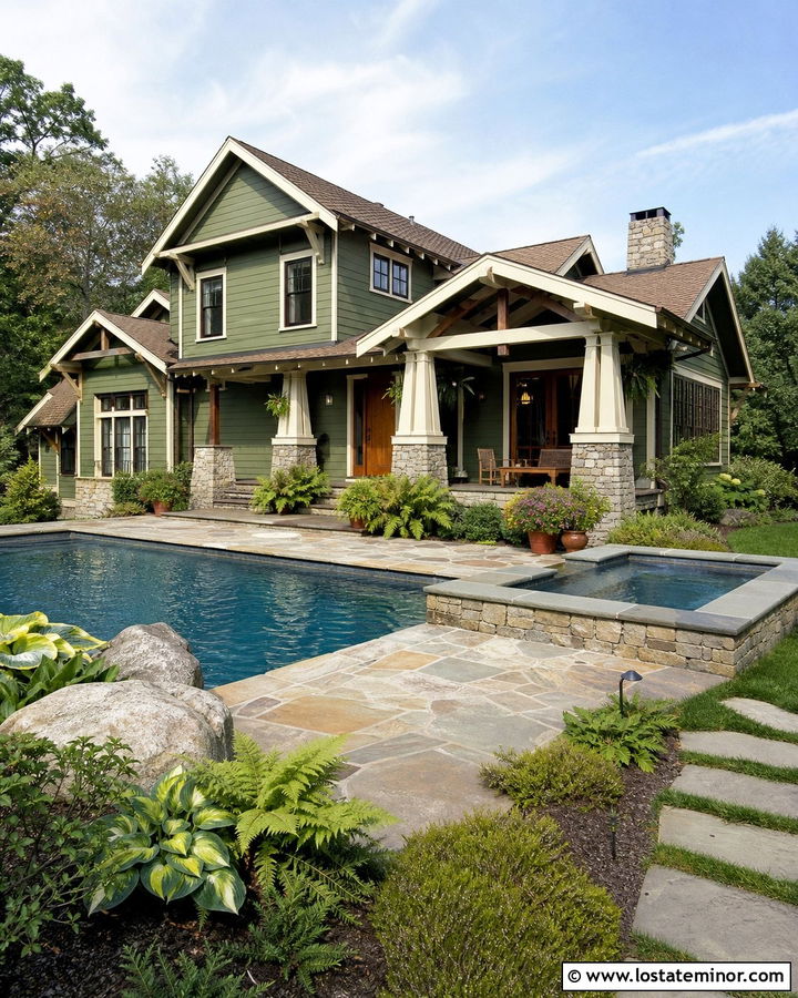 Moss Green Craftsman House With Stone Pool Deck - 30 Moss Green House Design With Swimming Pool Ideas