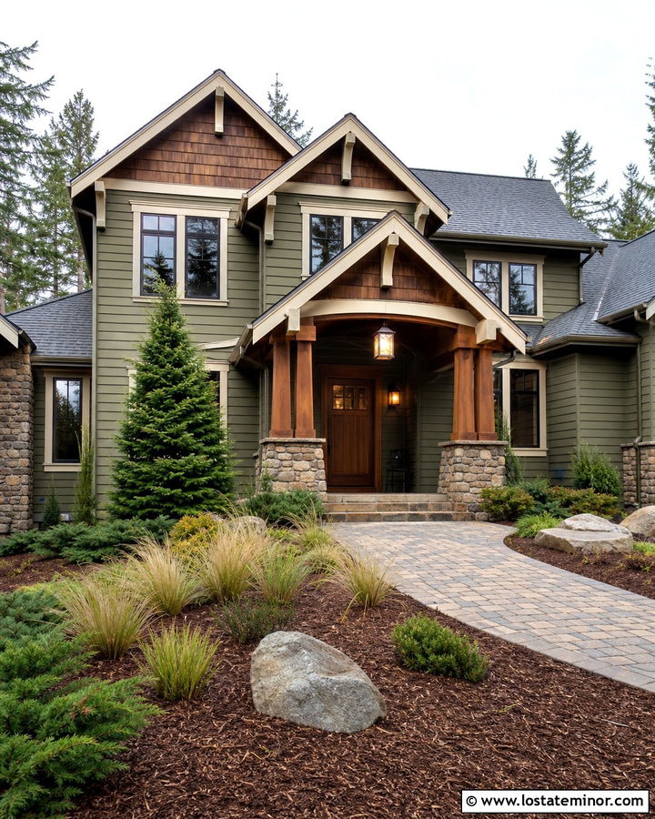 Moss Green Craftsman House With Stone Portico - 30 Moss Green House Design With Portico Ideas