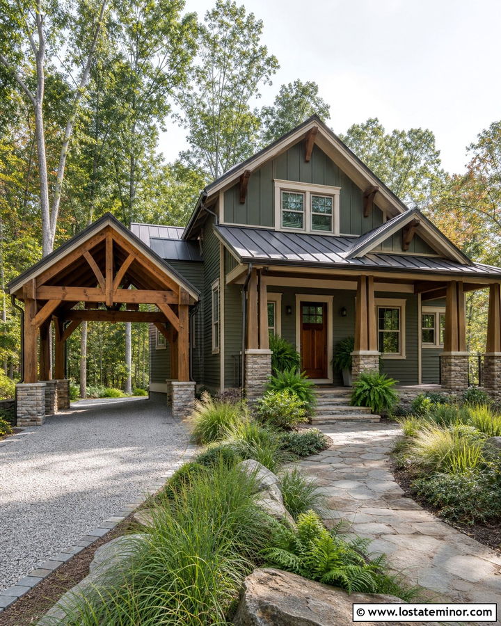 Moss Green Craftsman House With Timber Carport - 30 Moss Green House Design With Carport Ideas