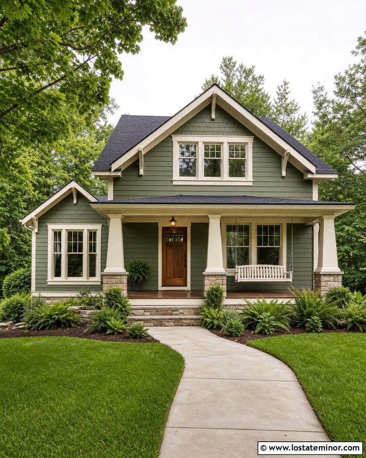 Moss Green Craftsman House With White Porch Swing - 30 Moss Green House Design With Swing Ideas
