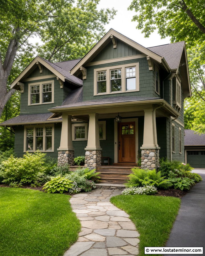 Moss Green Craftsman House With Woodland Landscaping - 30 Moss Green House Design With Landscaping Ideas