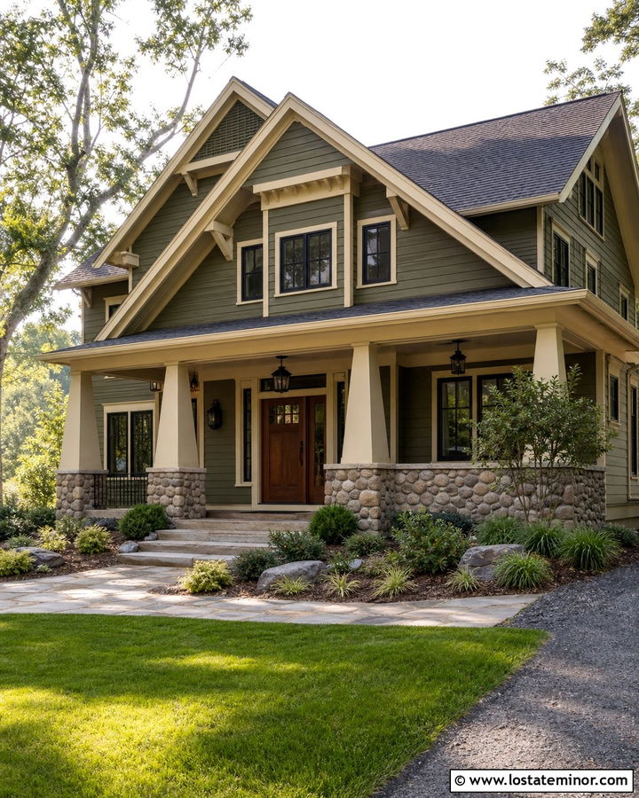 Moss Green Craftsman With Black Lantern Sconces - 30 Moss Green House Design With Light Fixtures Ideas