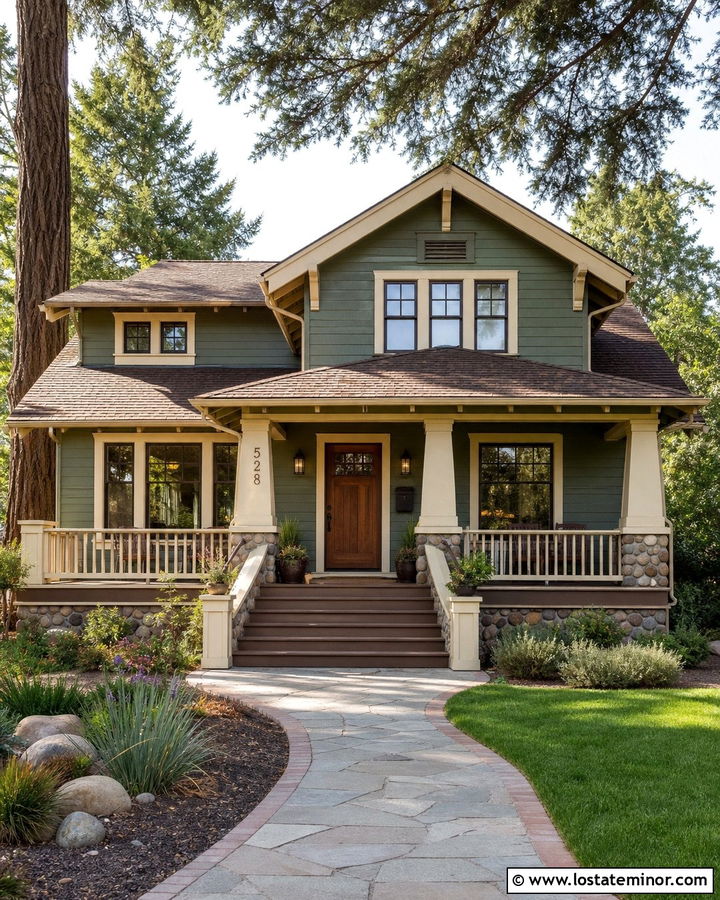 Moss Green Craftsman With Brass House Numbers - 30 Moss Green House Design With House Numbers Ideas