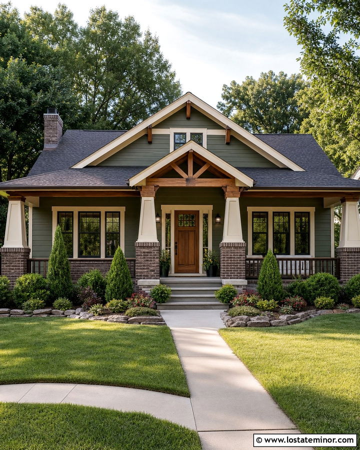 Moss Green Craftsman With Brown Brick Wainscoting - 30 Moss Green House Design With Wainscoting Ideas