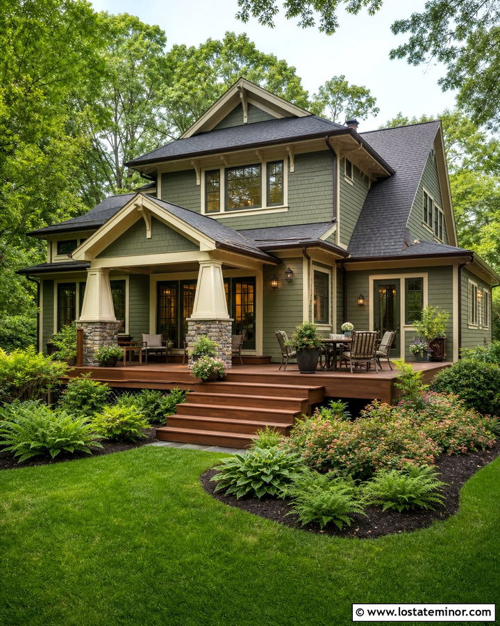 Moss Green Craftsman With Cedar Deck - 30 Moss Green House Design With Backyard Ideas